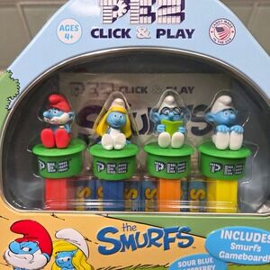 PEZ Click & Play The Smurfs Candy Dispensers Tin Papa Smurf Smurfette SEALED NEW
